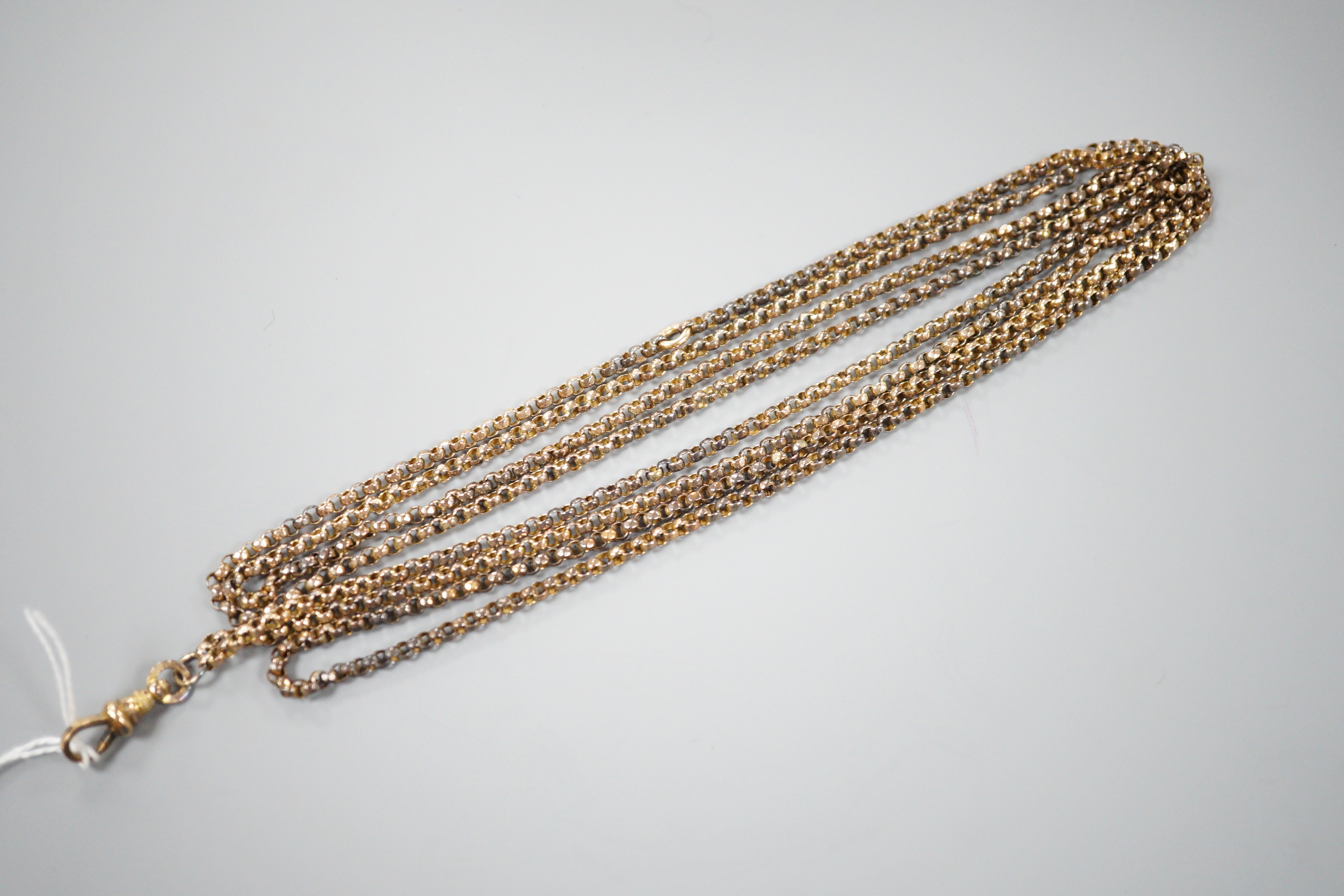 An early 20th century 9ct gold belcher link guard chain, 150cm, 26.5 grams.